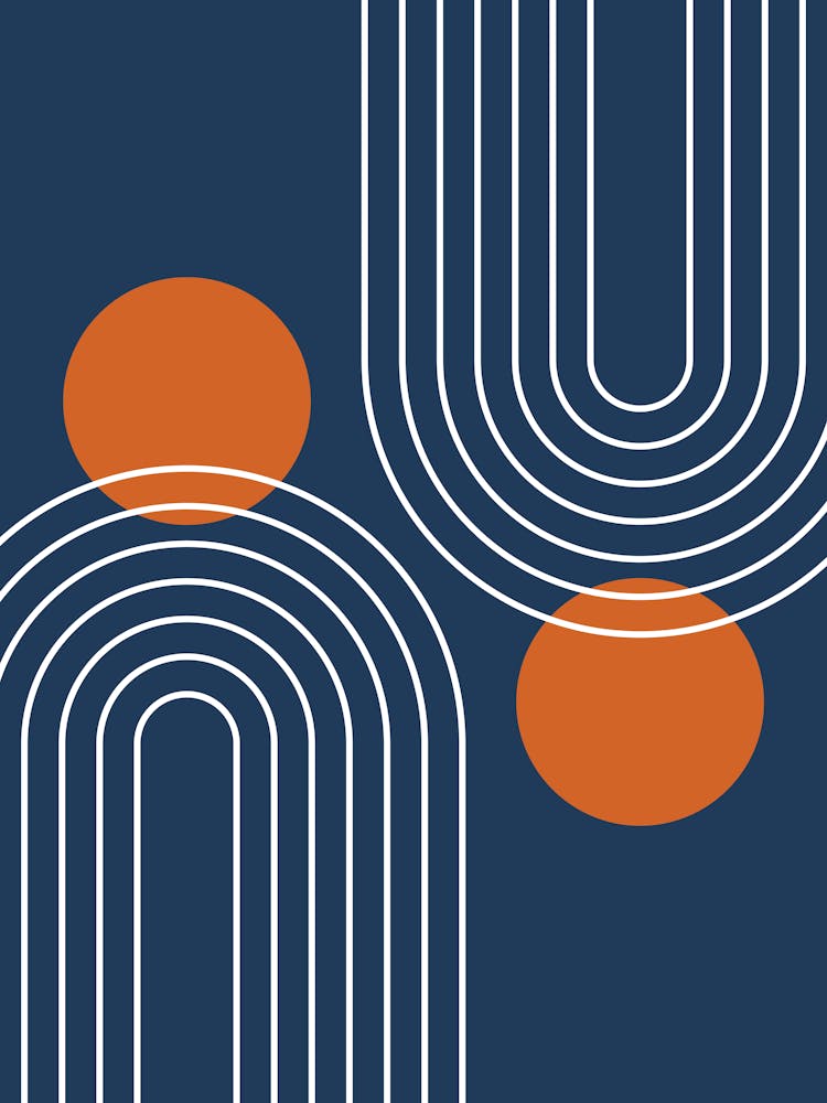 Mid Century Modern Geometric C14 In Navy Blue And Orange (Rainbow And Sun Abstraction) 01