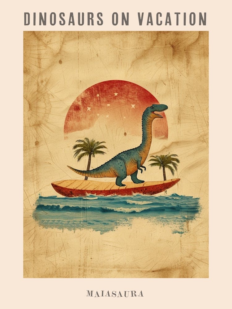 Vintage Maiasaura Dinosaur On A Surf Board 2 Poster