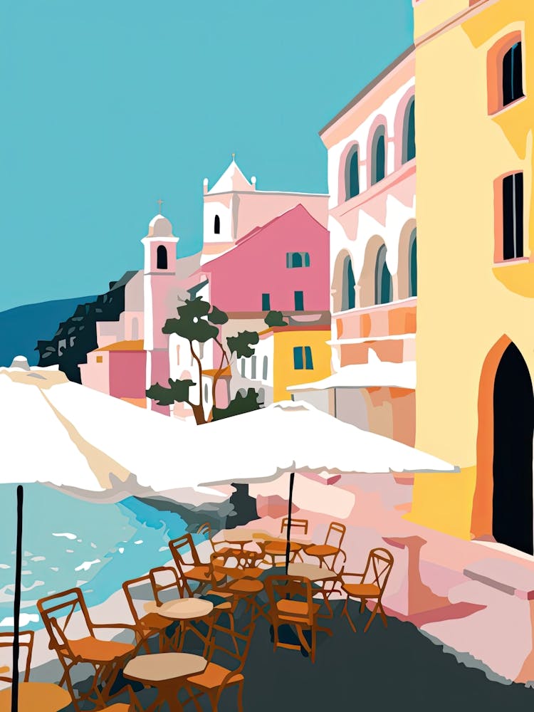 Amalfi, Italy, Flat Pastels Tones Illustration 1