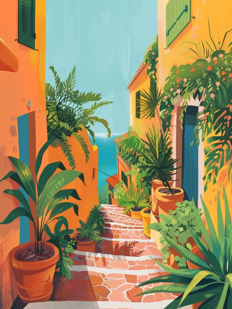 Of A Street With Potted Plants