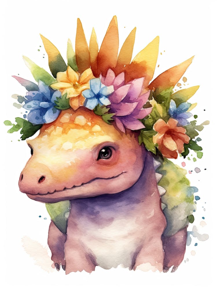 Stegosaurus With A Crown Of Flowers Cute Dinosaur Watercolour 1