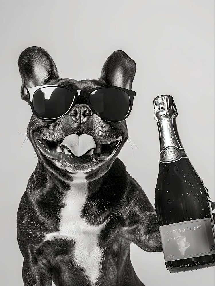 French Bulldog Holding Champagne Wall Art, Black And White Print, Frenchie Gift, Pet Art, Alcohol Print, Funny Dog Poster, Home Bar Decor