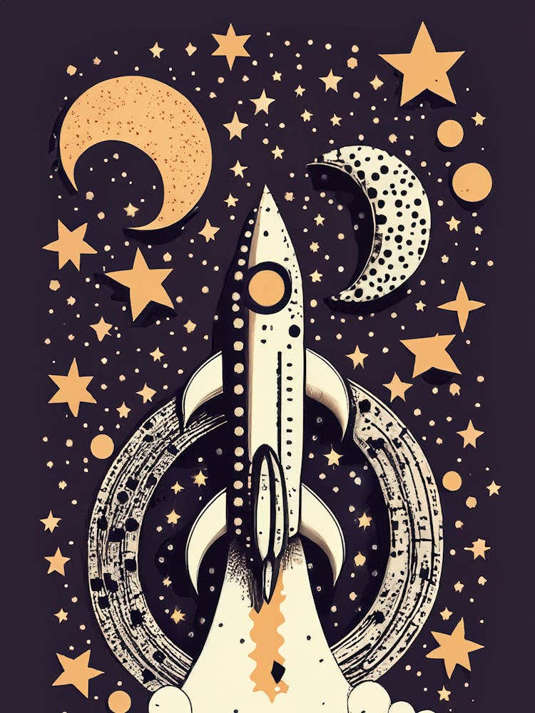 Vintage Space Art with Stars and Moons