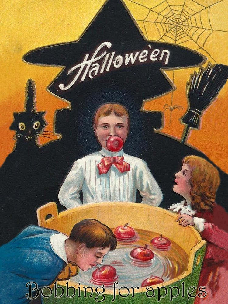 Group Of Young People Bobbing For Apples And A Shadow Of A Big Witch Behind Them