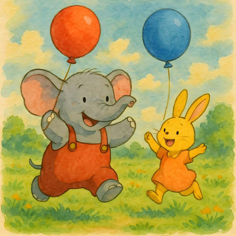 Ghibli Inspired Whimsical Animal – Elephant And Rabbit With Balloons, Playful Watercolor Illustration, Nursery Wall Decor