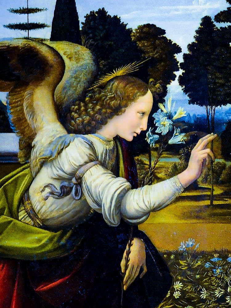 Annunciation (Detail of the Angel) Circa 1472 Painting by Leonardo Di Vinci