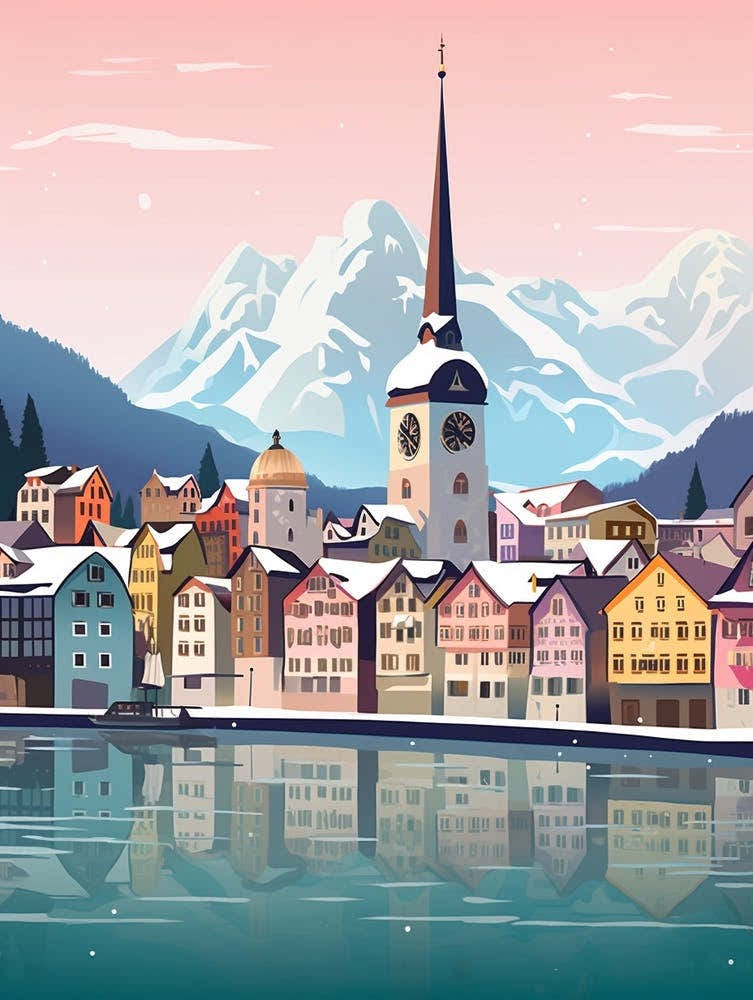Vintage Winter Travel Illustration Lucerne Switzerland 1