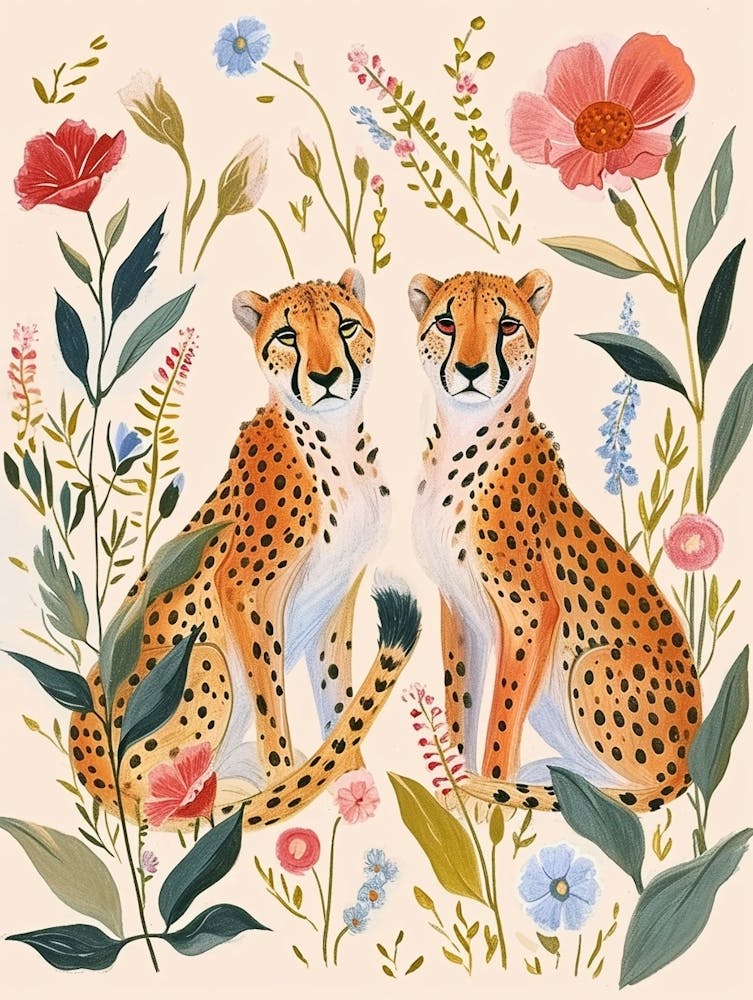 Folksy Floral Animal Drawing Cheetah 2