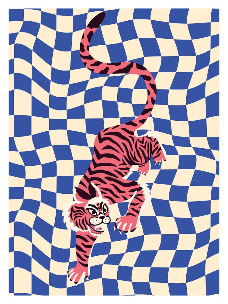 Tiger On Blue Checkered Pattern