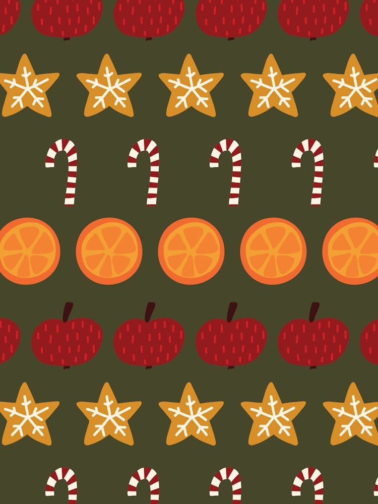 Holiday Spice Folk Art Apples, Oranges, Candy Canes, Cookies Rows on Moss Green