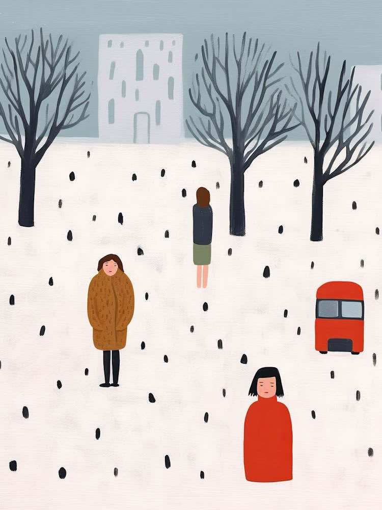 London Winter Red Bus Scene, Tiny People And Illustration