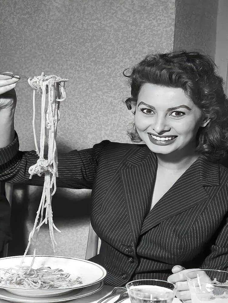 Vintage Black And White Sophia Loren Eating Spaghetti