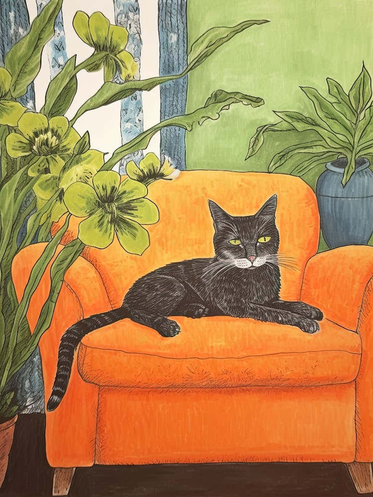 Black Cat Sitting On Orange Sofa