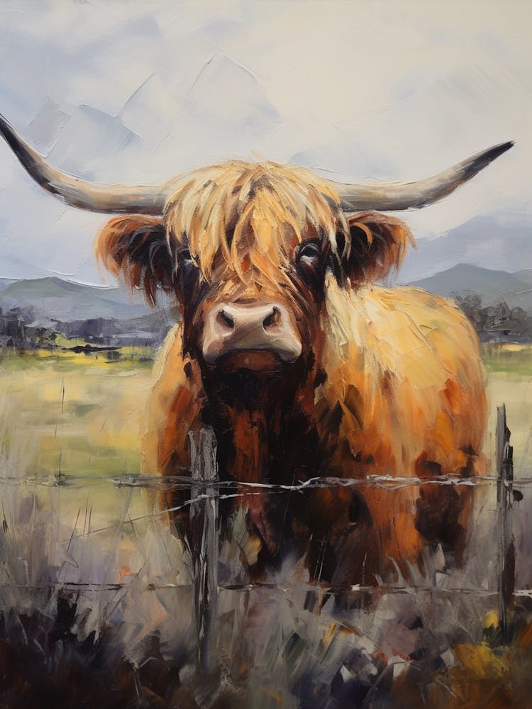 Moody Impressionism Style Painting Of Of Highland Cow By A Fence