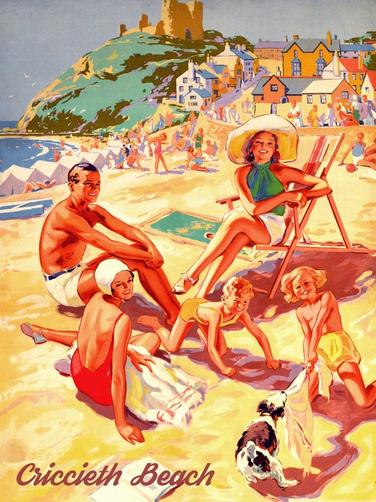 Wales, Happy Family On Criccieth Beach and a Castle on the Distance