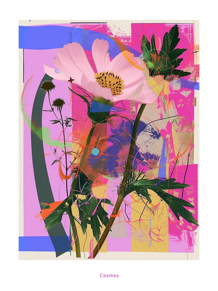 Cosmos 4 Neon Flower Collage Poster
