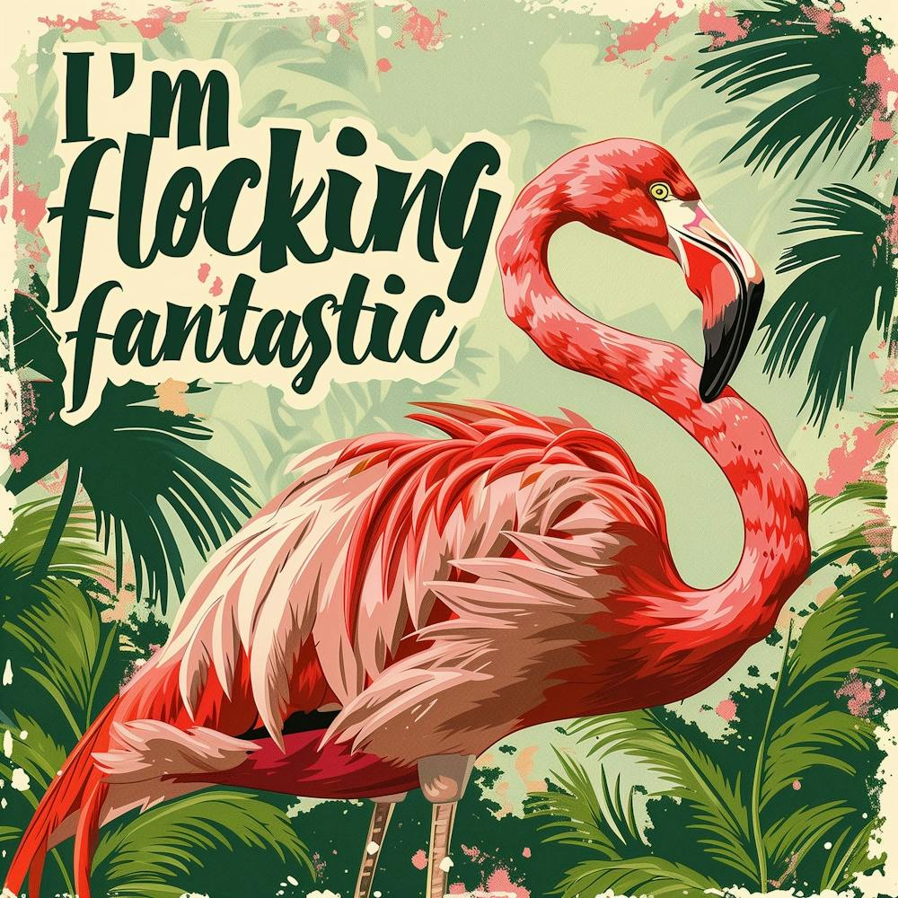 Flat 2d Illustration Of A Pink Flamingo Surrounded By Green Palm Trees, Bold, Creative, On A White Background, Place The Phrase I M Flocking Fantastic Next To Flamingo