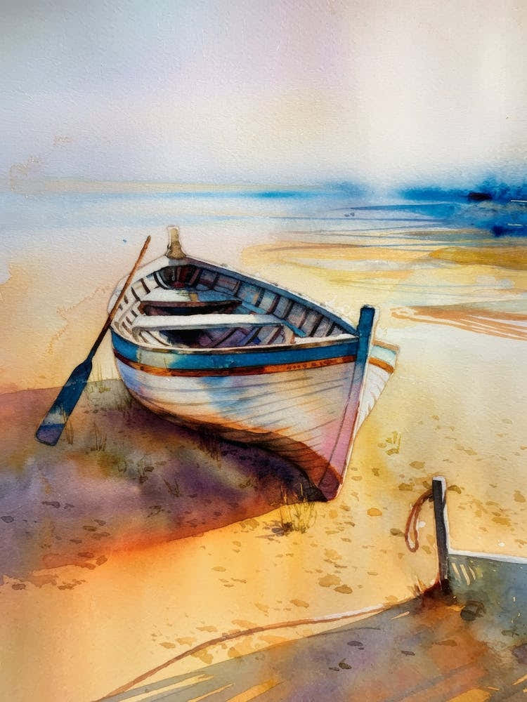 Boat On The Beach, Water Color Painting