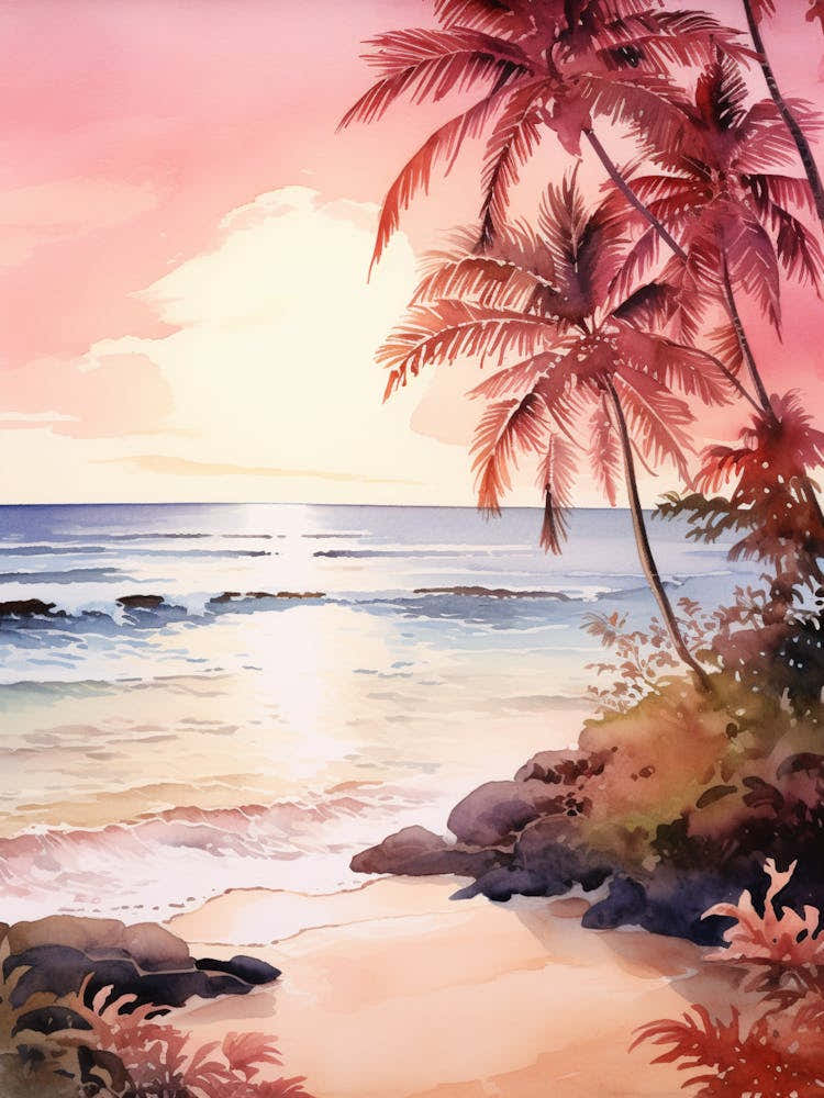 Watercolor Painting Of Anakena Beach, Easter Island 4