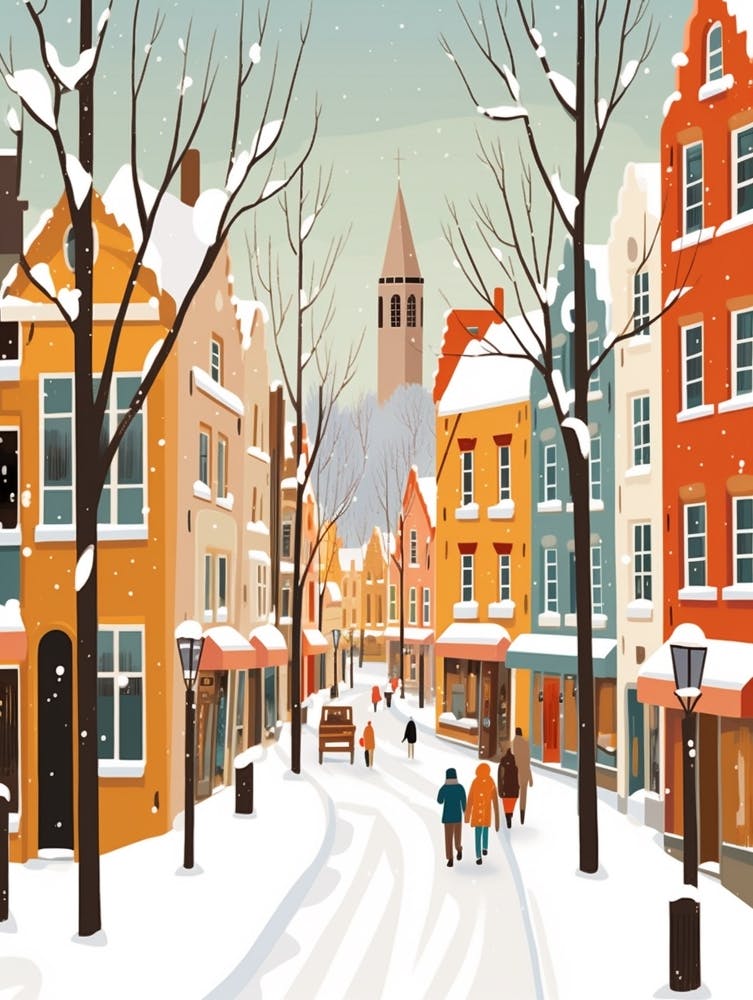 Retro Winter Illustration Bruges Belgium 3