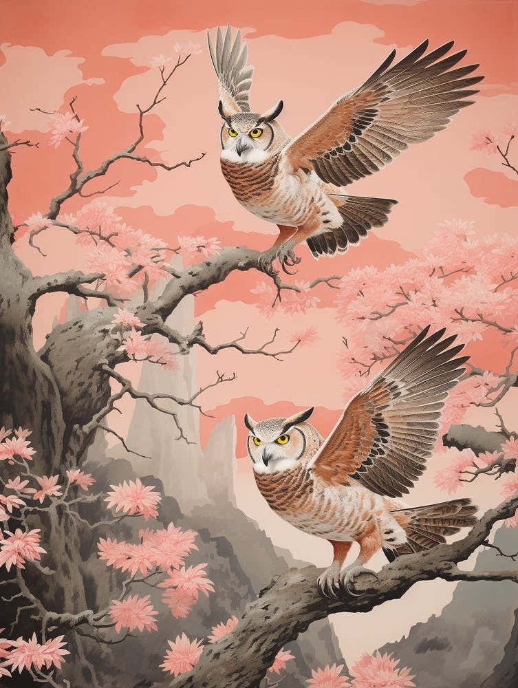 Vintage Japanese Inspired Bird Print Great Horned Owl 1