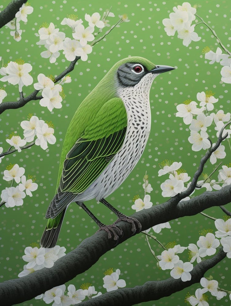 Ohara Koson Inspired Bird Painting Cowbird 3