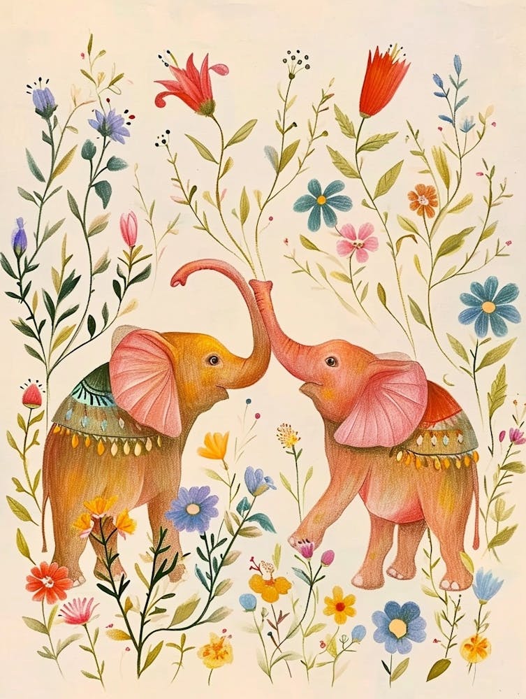 Folksy Floral Animal Drawing Elephant 2