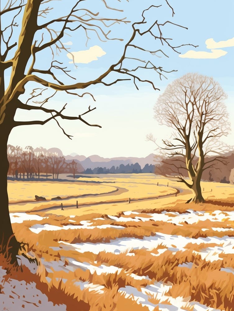 Vintage Winter Travel Illustration Richmond Park England 2