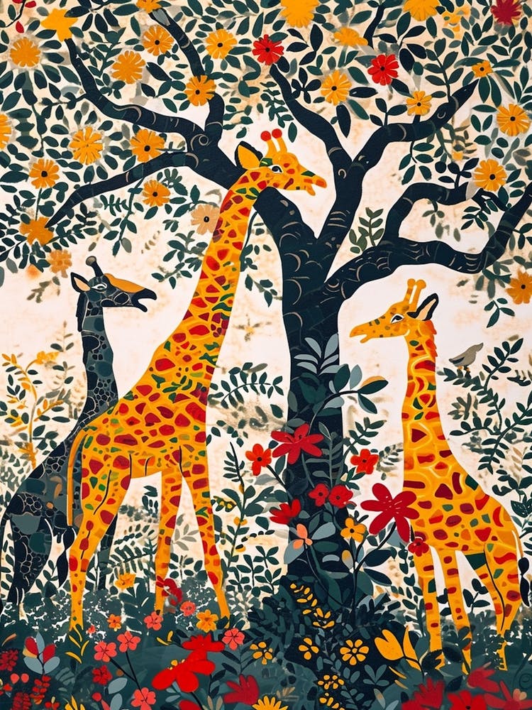 Cute Giraffe Herd Under The Trees Illustration 5