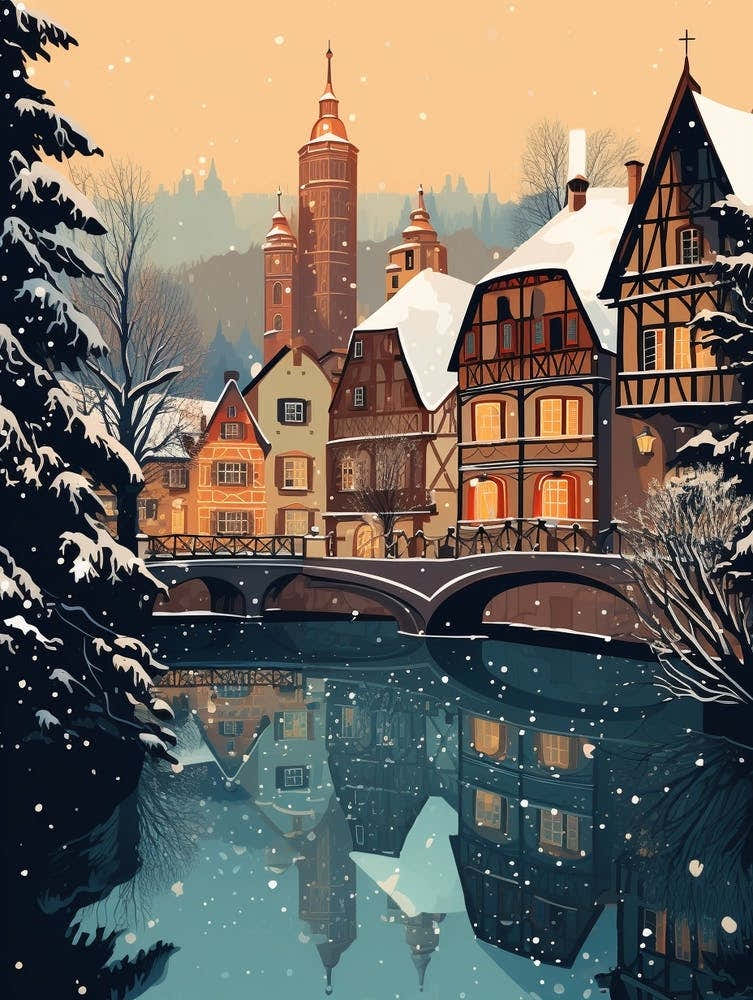 Winter Travel Night Illustration Colmar France 3