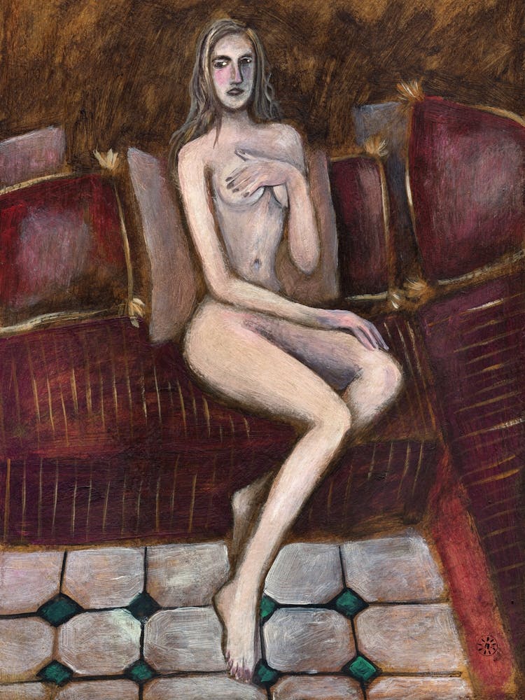 Female Nude On A Burgundy Sofa - Anton Maliar painting artwork woman naked painting figurative erotic