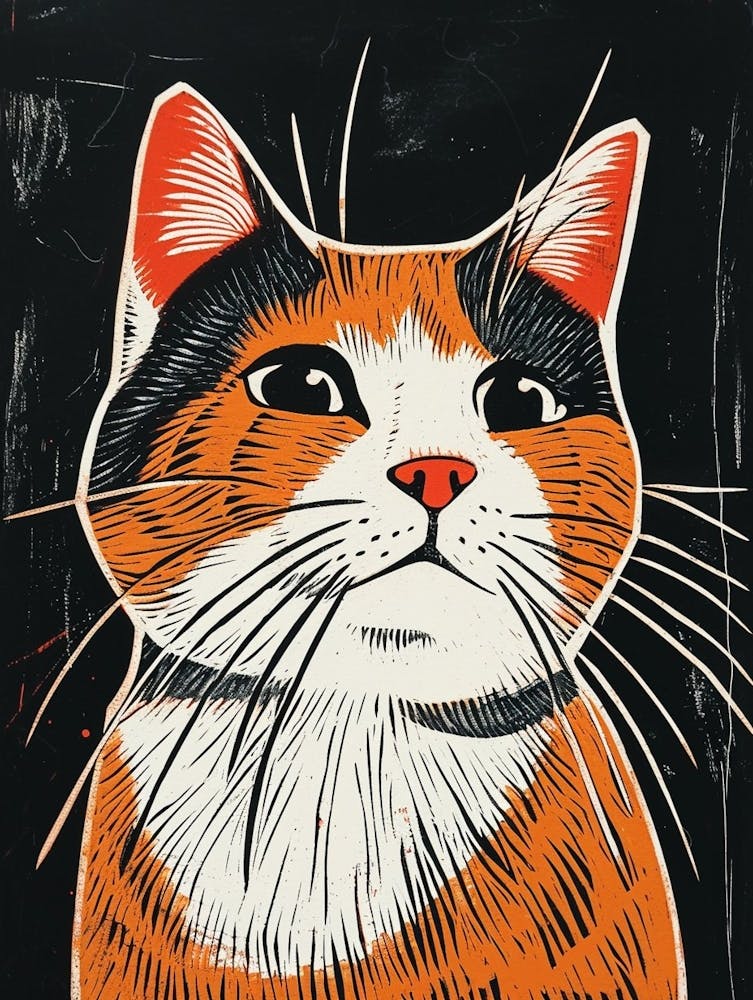 Japanese Bobtail Linocut Blockprint 2