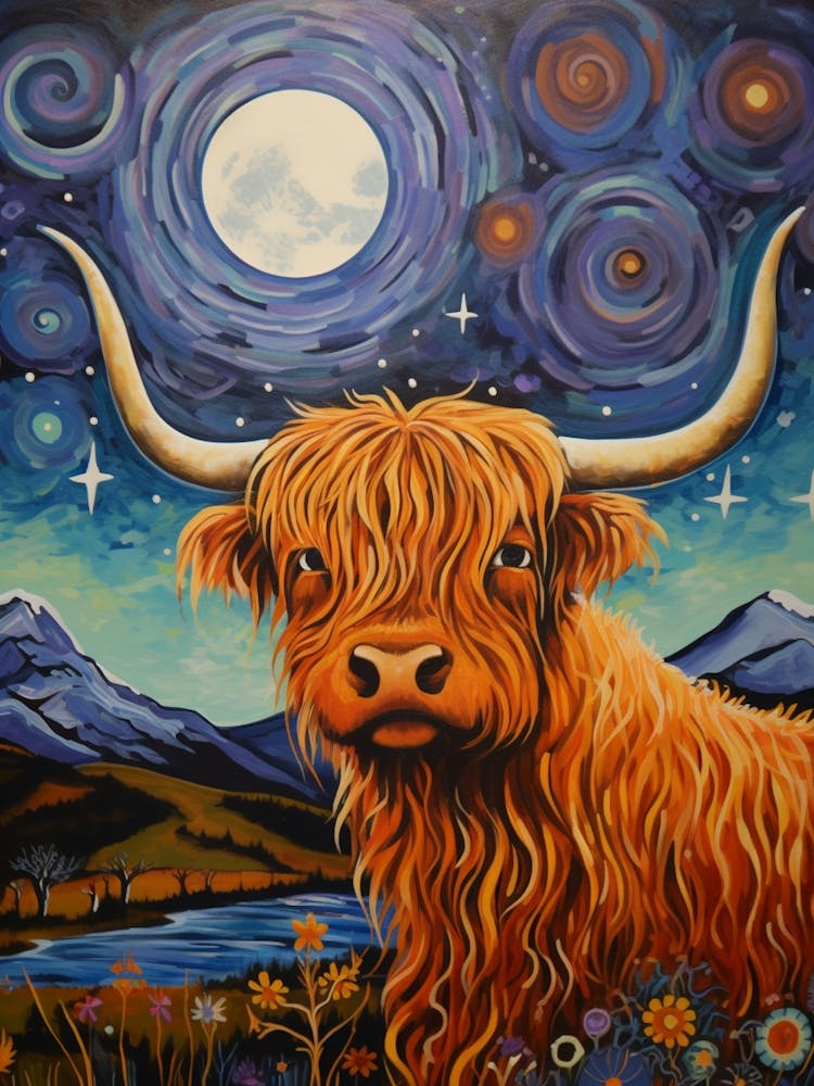 Wavy Line Highland Cow At Night Illustration 4