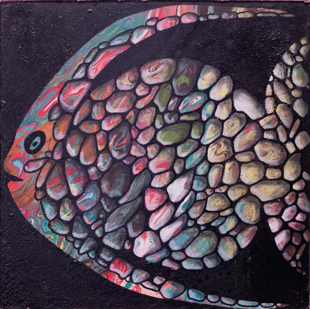 "Stone-colored fish" on a black background