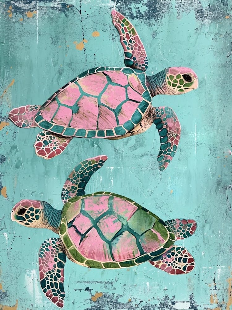 Two Pastel Pink Sea Turtles