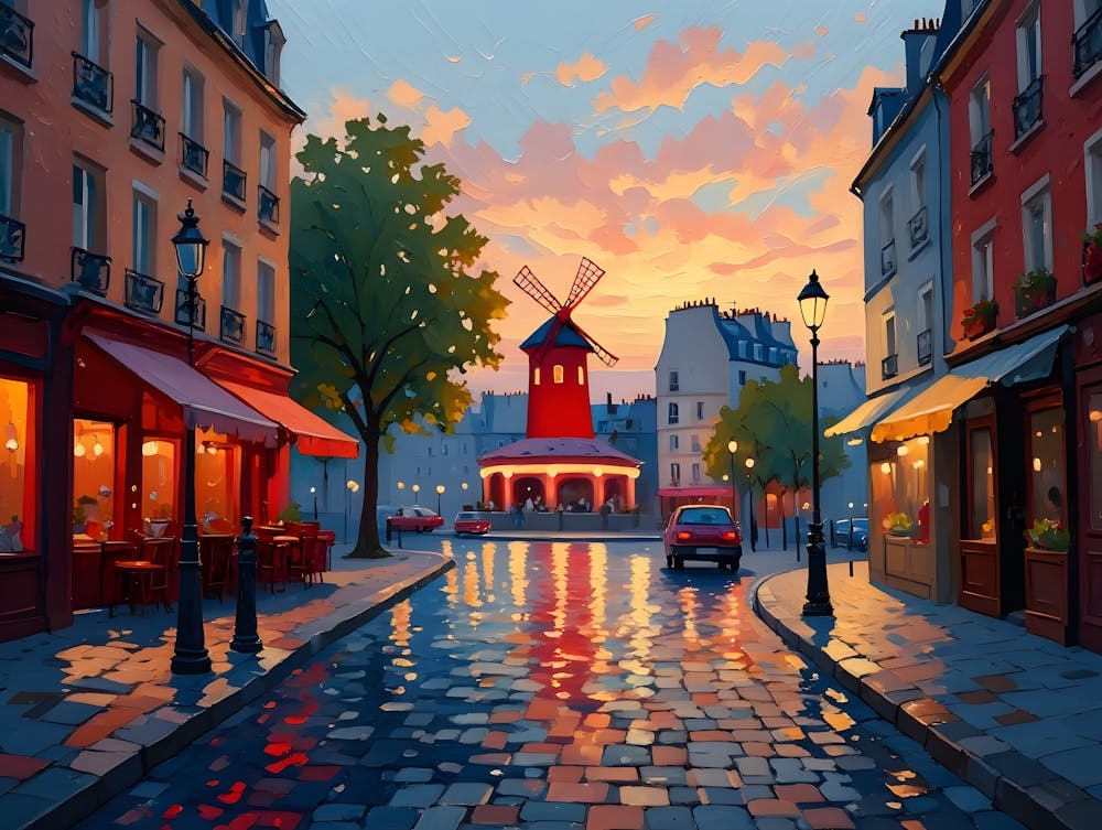 A Picturesque Parisian Street Scene at Dusk with the Moulin Rouge