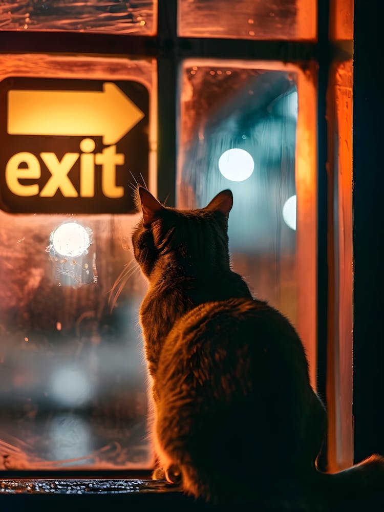 Cat Looking At Exit Sign