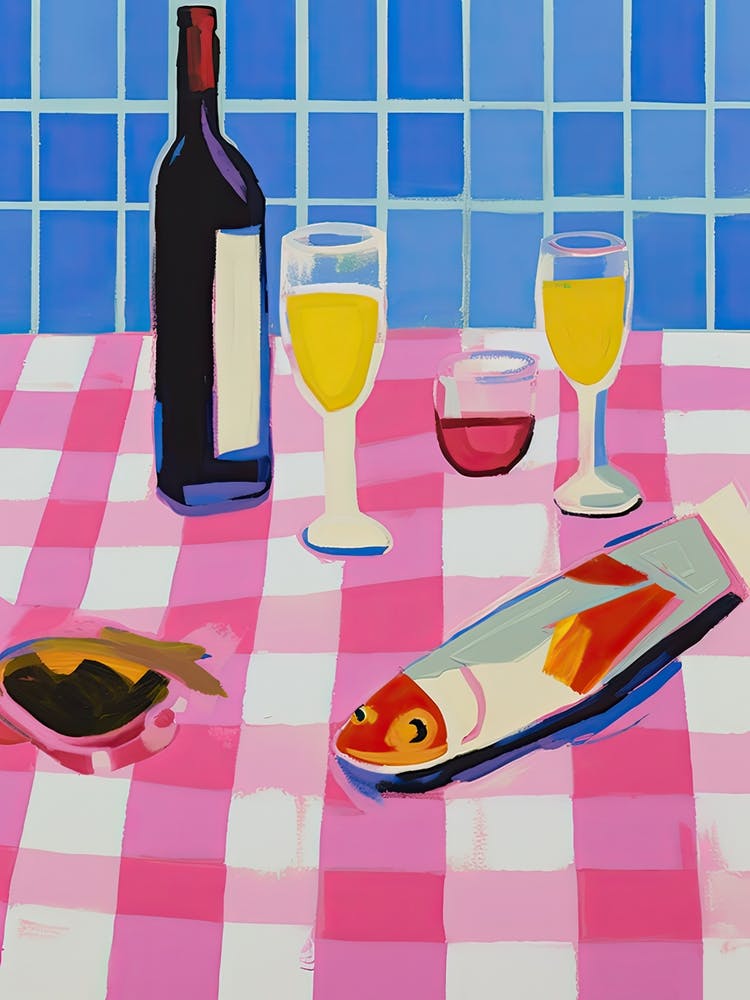 Painting Of A Table With Food And Wine, French Riviera View, Checkered Cloth, Matisse Style 1