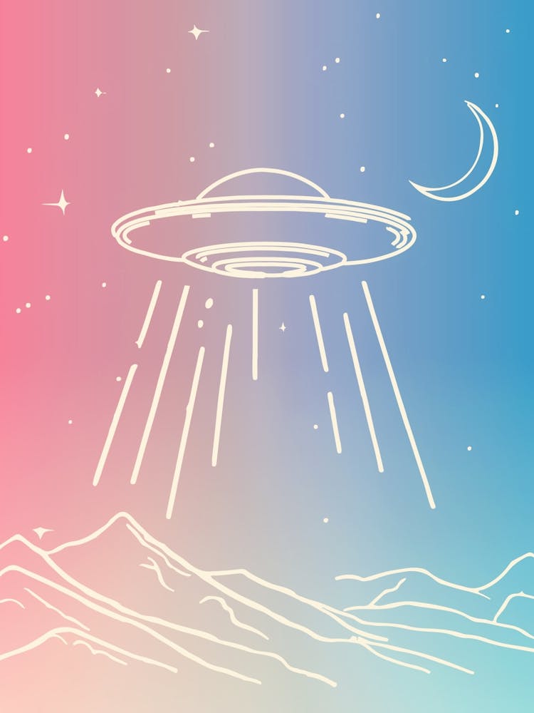 Ufo line drawing with gradient sky