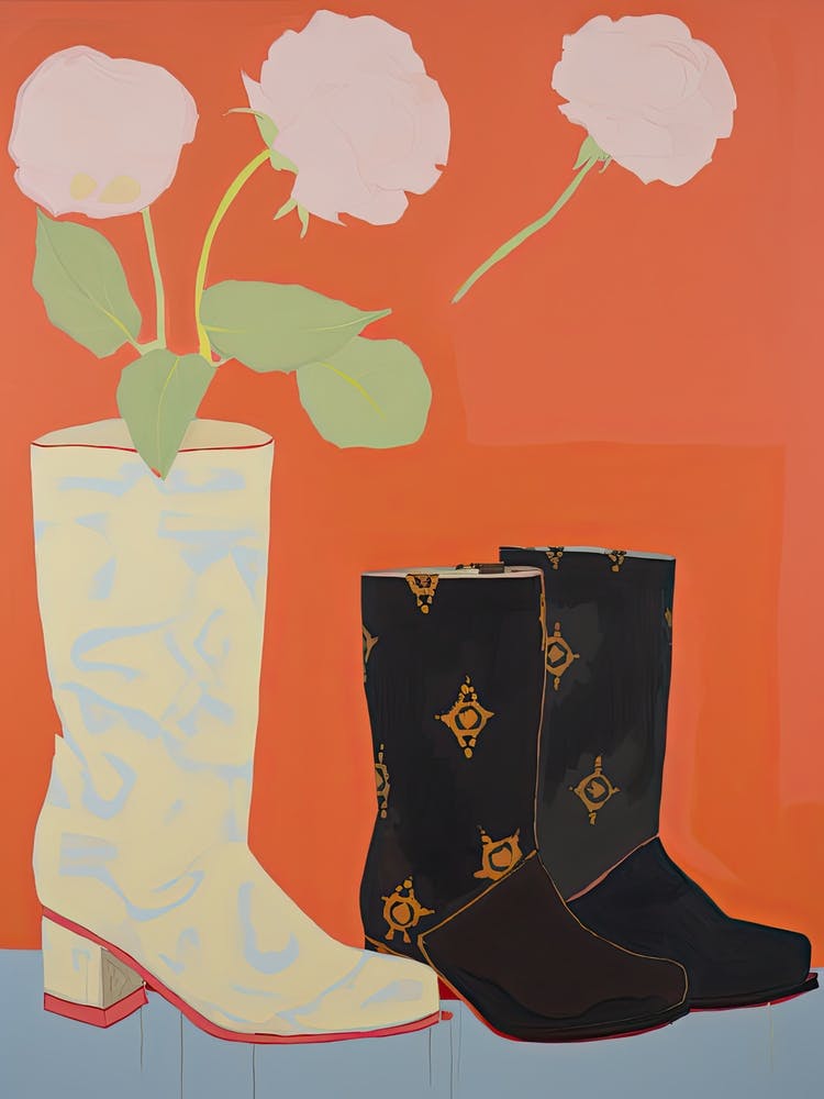 Painting Of Cowboy Boots With Flowers, Pop Art Style 4
