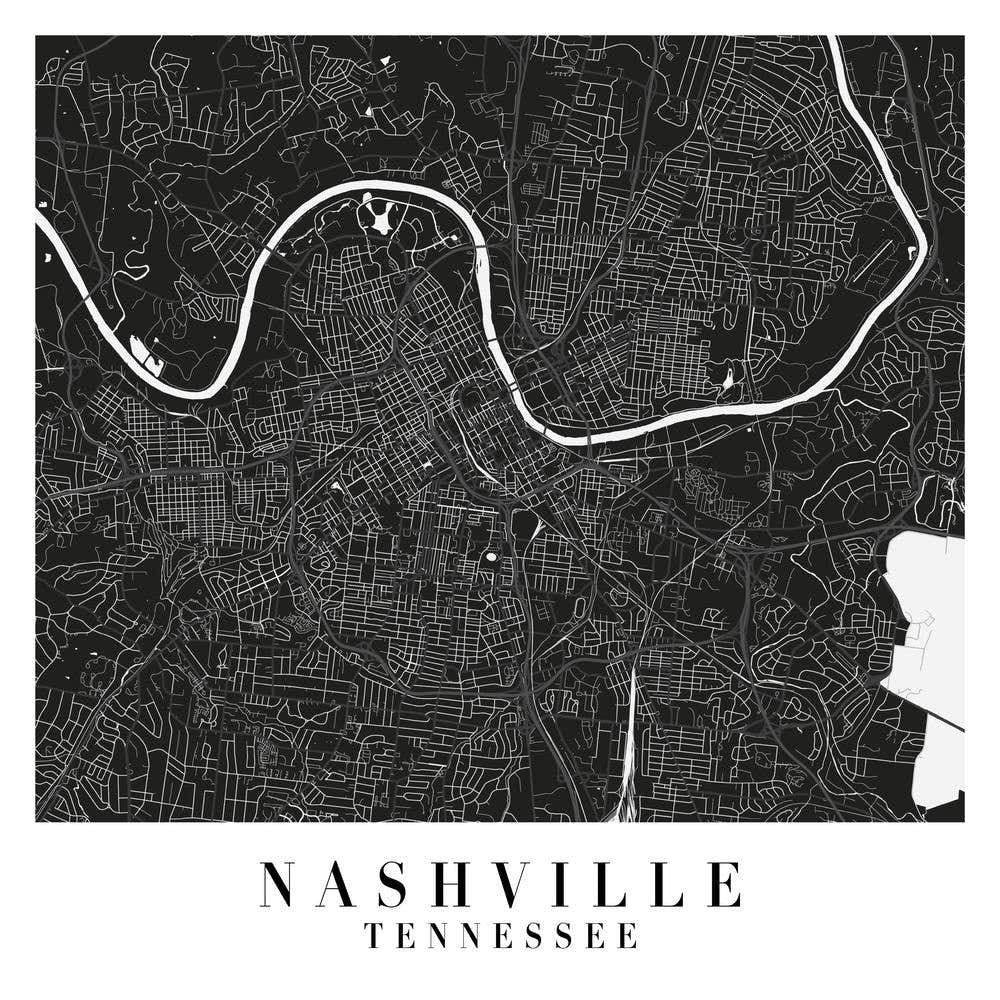 Nashville Tennessee Minimal Black Mono Street Map  Square
