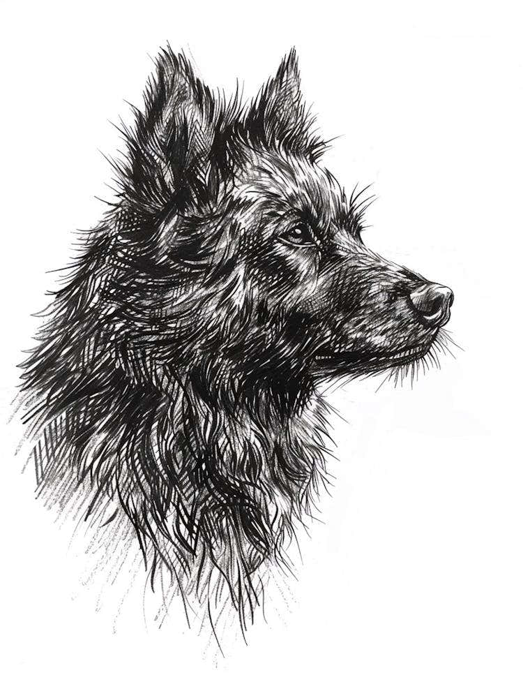 Black Long Haired Dog Line Sketch 2