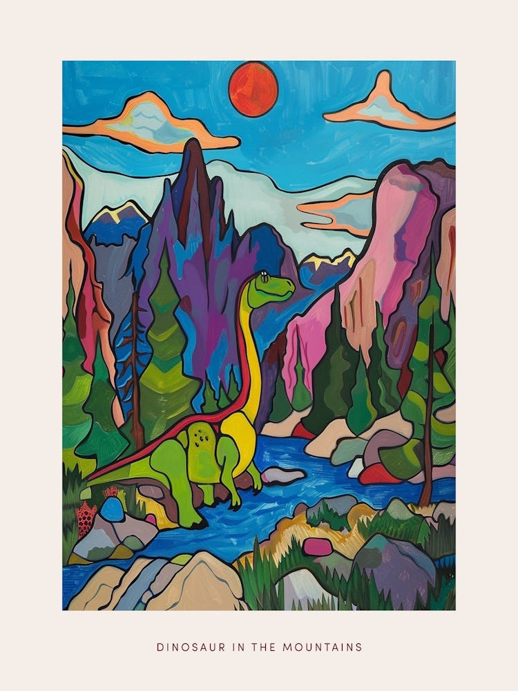 Colourful Wavy Line Dinosaur Mountain Illustration Poster