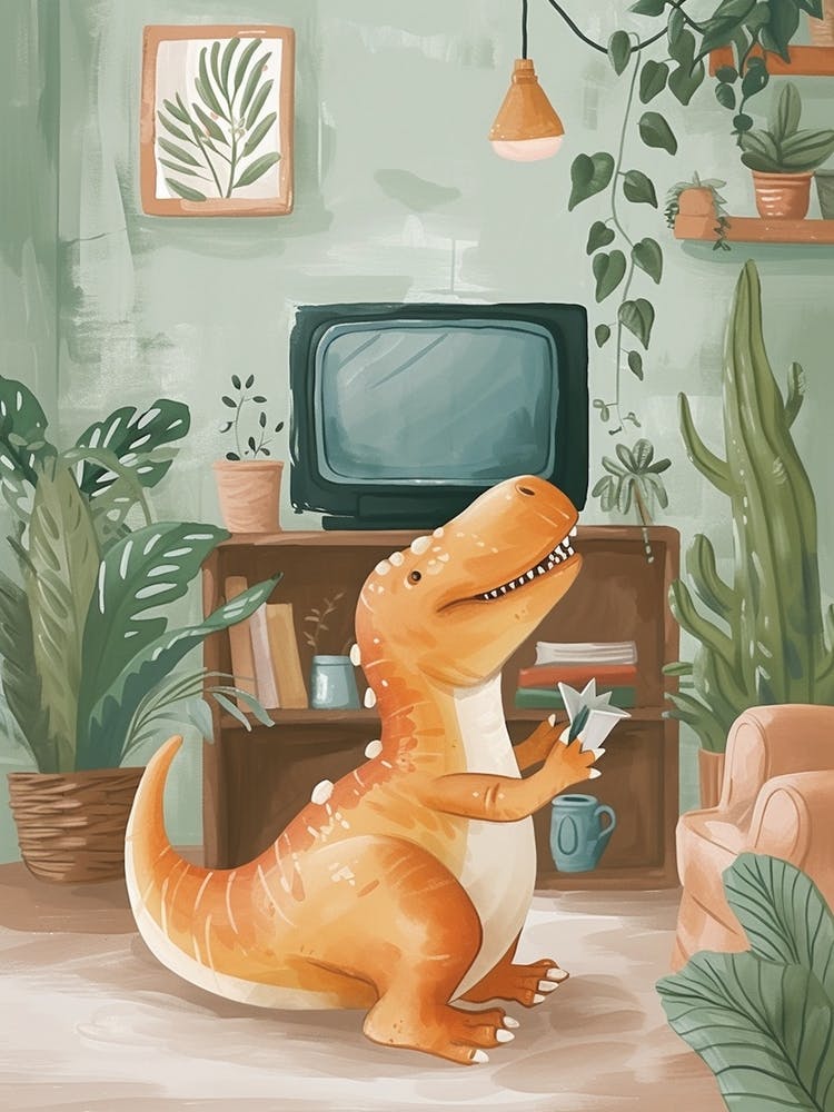 Dinosaur In The Living Room With A Tv 2
