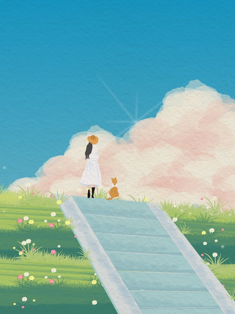 Minimal art illustration Girl And A cat In the afternoon