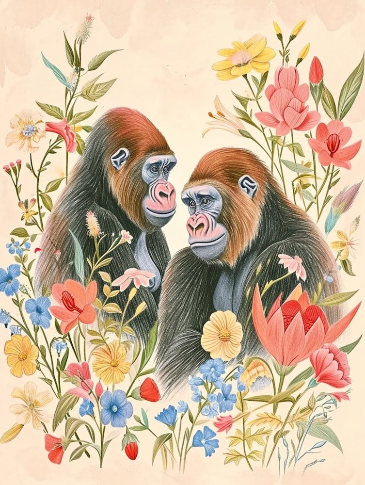 Folksy Floral Animal Drawing Gorilla 3