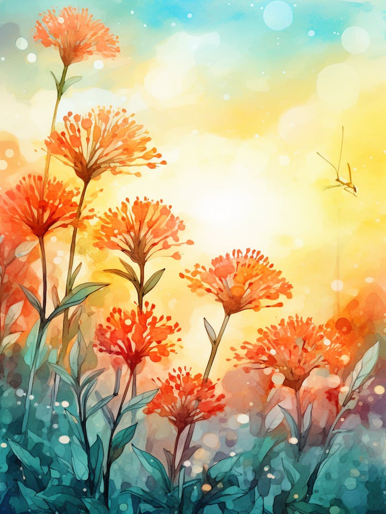 Butterfly Weed Wildflower With Sunset In Watercolor Style (1)