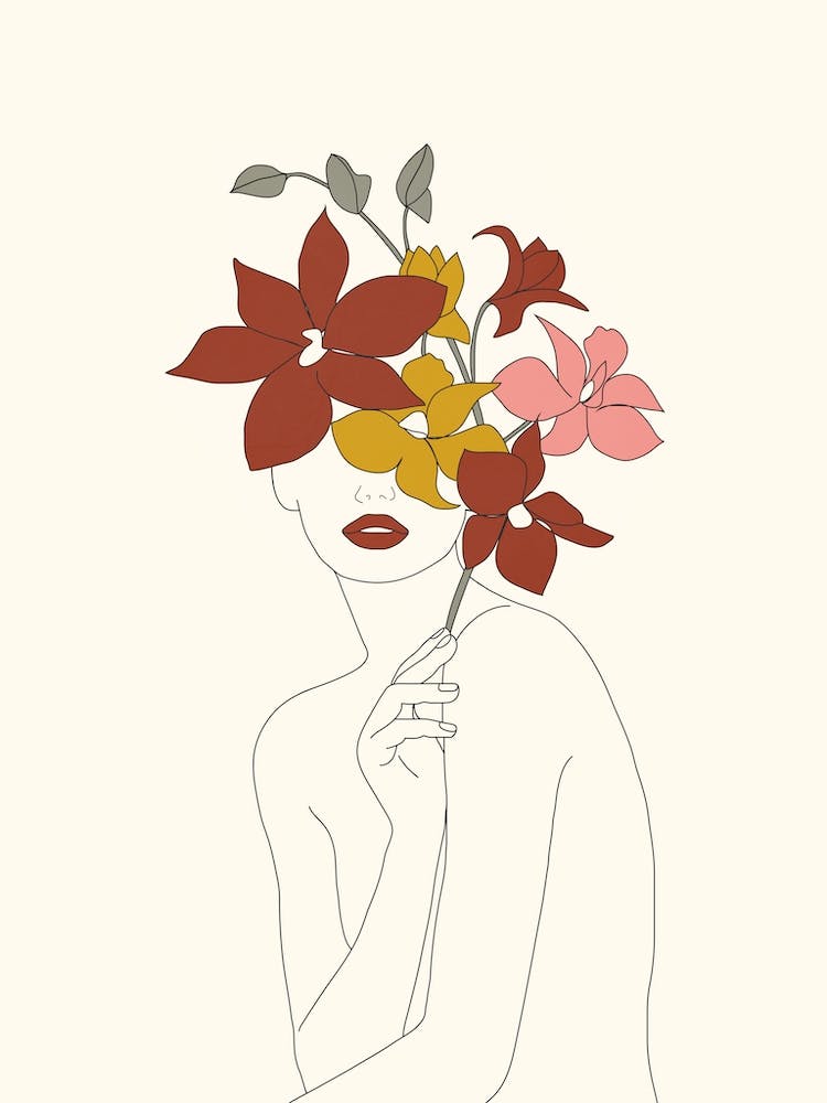 Colorful Thoughts Minimal Line Art Woman With Orchids