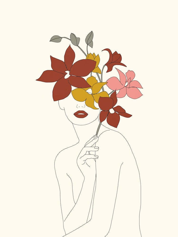 Colorful Thoughts Minimal Line Art Woman With Orchids