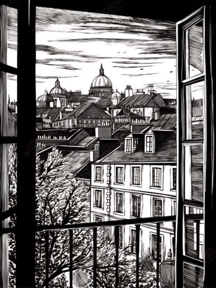 Window View Of Edinburgh Scotland   Black And White Colouring Pages Line Art 2